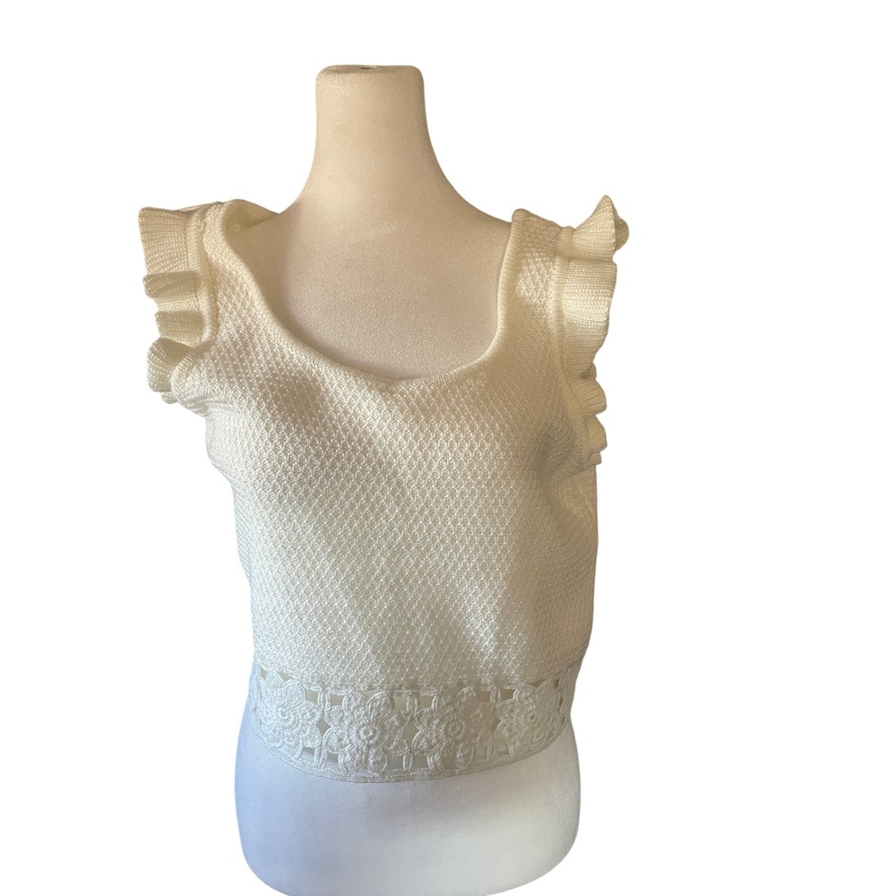 Madden‎ NYC Mesh Ruffle Shoulder Crochet Hem Knit Milkmaid Tank L Ivory Festival